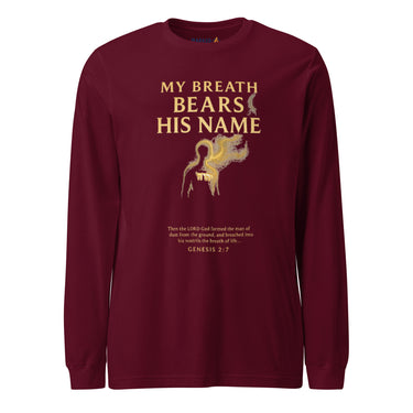 My Breath Bears His Name Long Sleeve T-Shirt Maroon flat lay front mockup with glowing breath silhouette design